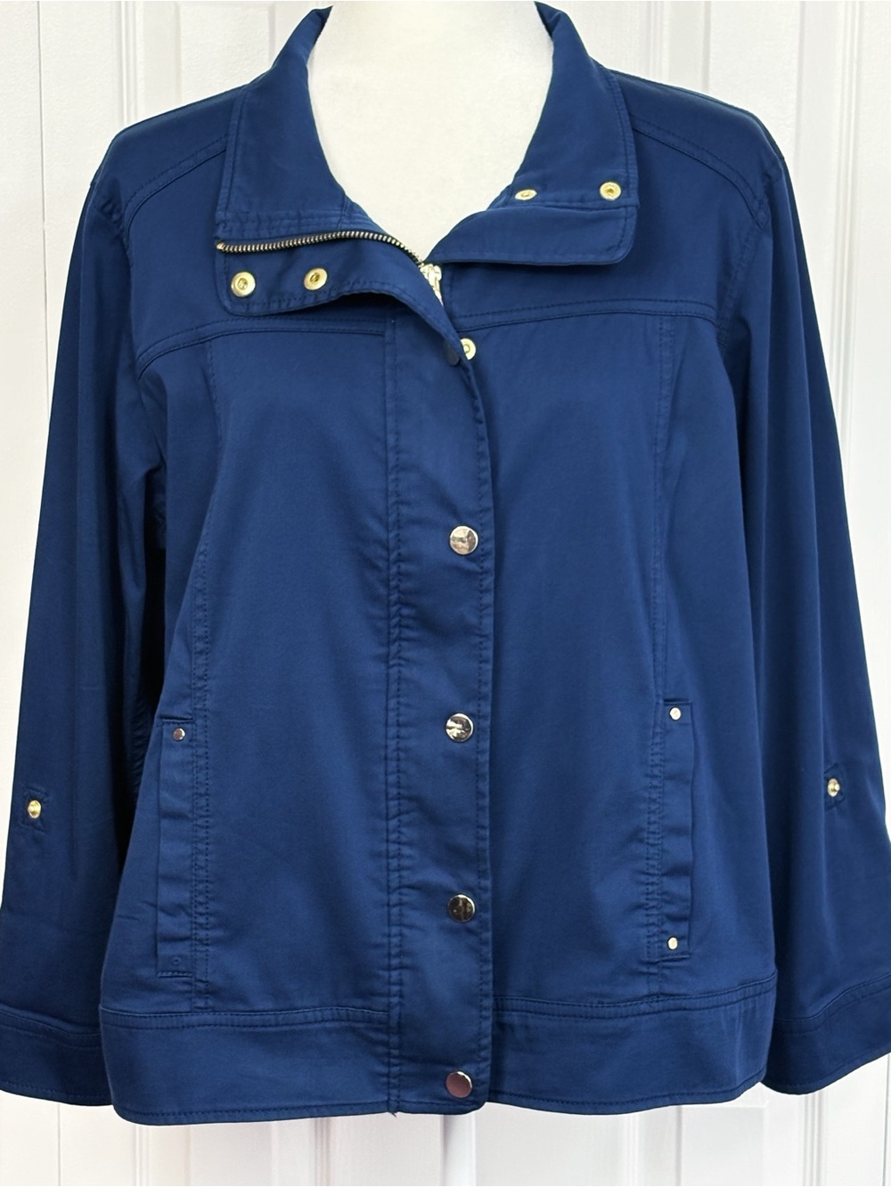 NWT Chico's Navy Blue Luxe Twill Roll Tab Sleeve Zip Utility Jacket Large